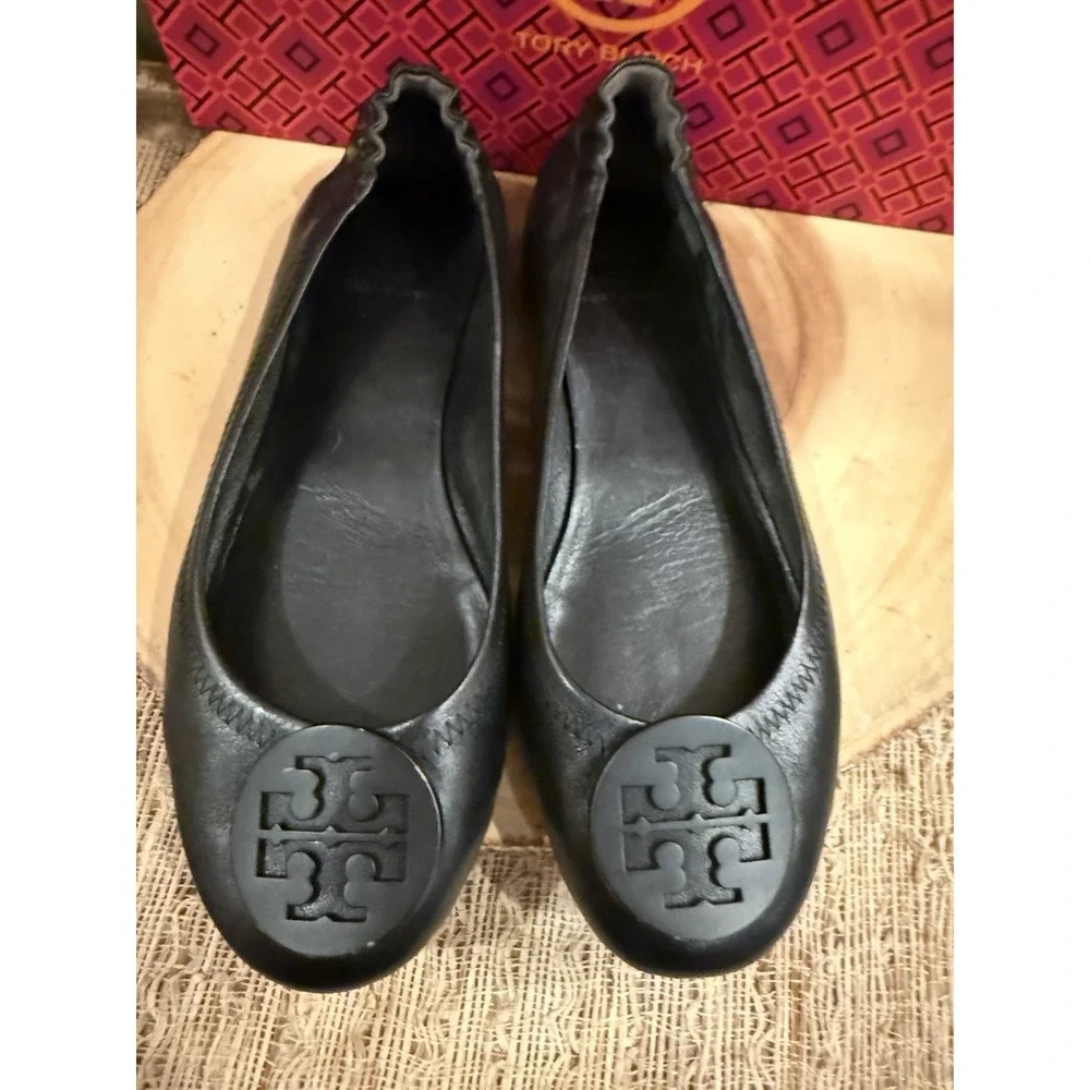Tory Burch Minnie Travel Ballet Women's Pebble Leather‎ Perfect Black Sz-9